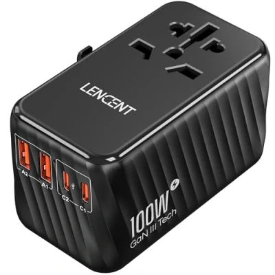 Afbeelding van LENCENT 100W Reisadapter Wereldwijd, GaN3 Snellader Universele Reisstekker met 2 PD3.0 Type C+2 QC USB A, Alles in één Internationale Stekker voor Telefoon 200+ Landen EU UK DE VS A/C/G/I
