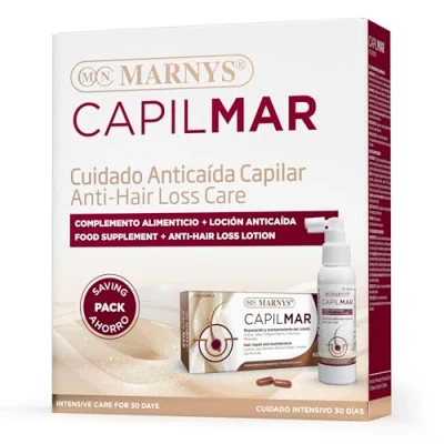 Afbeelding van Capilmar MARNYS Anti haaruitval verpakking, 60 capsules + lotion 100 ml, voorkomt haaruitval, haarbescherming, geeft stevigheid en glans terug, intensieve verzorging voor 30 dagen