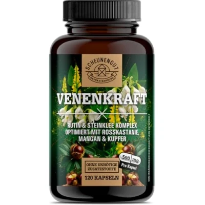 Afbeelding van VENENKRAFT® Rutin steenklauw capsules hoge dosering belangrijk: laboratoriumgetest adercomplex met rutine, klaver, paardenkastanjeextract, mangaan, koper en meer I 120 stuks DE SCHEUNENGUT®