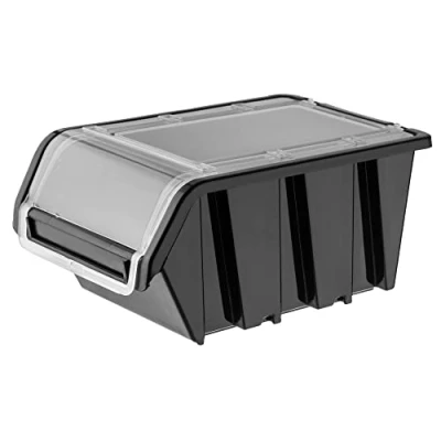 Afbeelding van KADAX Stapelkist met deksel, opbergbox van PP kunststof, in verschillende maten en kleuren, opbergdozen klep voor gereedschapswand (zwart, 1 stuk, 230 x 160 mm)