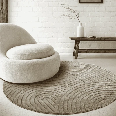 Afbeelding van Elle Decoration Panglao Modern hoogpolig tapijt, woonkamertapijt, wollig, hoog laag effect, Skandi, boho, geometrische golven, boog, voor woonkamer, slaapkamer, keuken, taupe, 160 cm