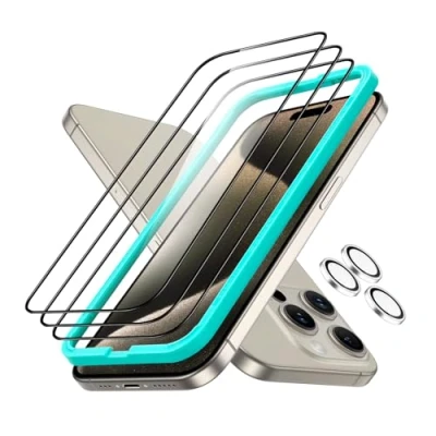 Afbeelding van ESR Armorite Screenprotector set voor iPhone 15 Pro Max, ultrasterk gehard glas, eenvoudige installatie frame, 3 pack met 1 individuele cameralensbeschermers