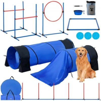 Afbeelding van VEVOR Agility set honden, 7 delige met verstelbare hoge horden, 6 slalomstangen, 2 tunnels, springring, pauzendoos 3 frisbees, fluitje, opvouwbare bak, hindernisparcourset zakken