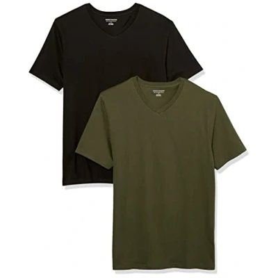 Afbeelding van Amazon Essentials Heren Slim Fit T shirt met korte mouwen en V hals, 2 stuks, zwart/olijf, XL