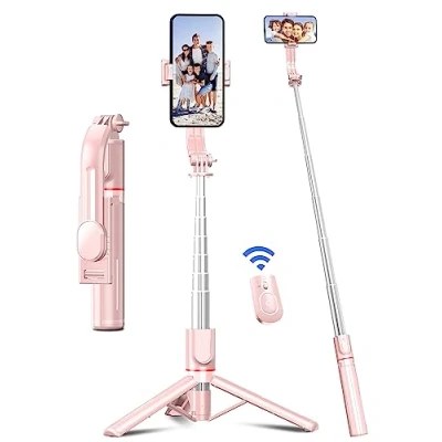 Afbeelding van Selfie Stick met verbeterd Statief [2023 Volledig nieuw ontwerp] Aluminium Staaf Mobiele Telefoon Afstandsbediening 360 Draaibaar voor iPhone Samsung, Actiecamera GoPro (Roze)