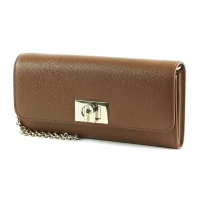Afbeelding van FURLA Leren Portemonnee Schoudertas 1927 Chain Wallet Cognac H Bruine