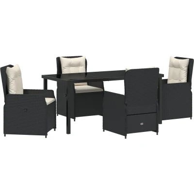 Afbeelding van vidaXL 5 Persoons Tuin Eetset Zwart Poly Rattan Acacia, Stapelbare Tuinstoelen met Kussens 2 stuks