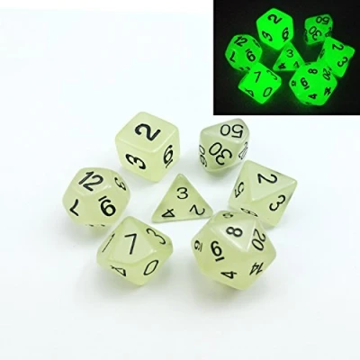 Afbeelding van Set van 7 Glow in the Dark Polyhedral Dobbelstenen (7 Die Set) Rollenspel D4, D6, D8, D10, D%, D12 en D20 (Aqua)