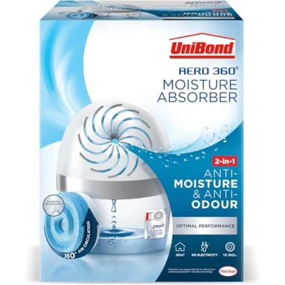 Afbeelding van UniBond AERO 360º vochtabsorber, 1 apparaat incl. navullipje 450 g, ultra absorberende luchtontvochtiger, helpt condensatie, schimmel en muffe geuren te voorkomen, recyclebaar, hervulbare