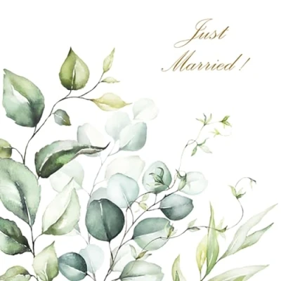 Afbeelding van 20 servetten natuurlijke bruiloft eucalyptus Just Married tafeldecoratie decoupage servettechniek 33x33cm