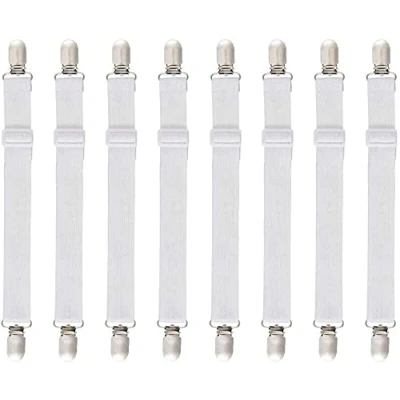 Afbeelding van O Kinee verstelbare bedlakenspanners, 8 stuks, lakenspanners, met metalen clips, matrasspanners voor laken, matras, strijkplank of bank