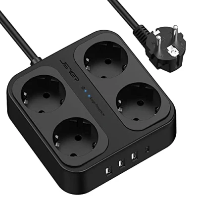 Afbeelding van Socket Strip JSVER Meerdere met 4 compartiment,3 USB A en 1 C Distributie Schakelaar, Wall Mounting Surge Protection Extension Kabel voor Home Office (Zwart)