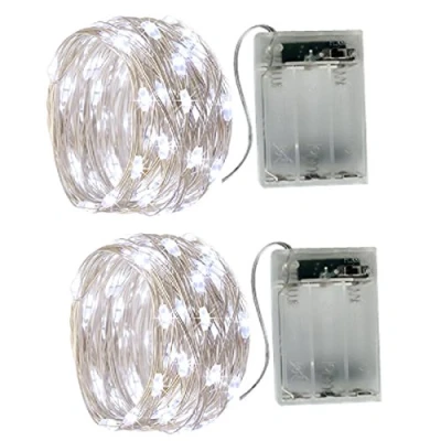 Afbeelding van BXROIU 2 x 50 micro LED kerstverlichting op batterijen en programma&#039;s 5 meter zilverdraad voor feest, tuin, Kerstmis, Halloween, bruiloft, verlichting decoratie (cool white)
