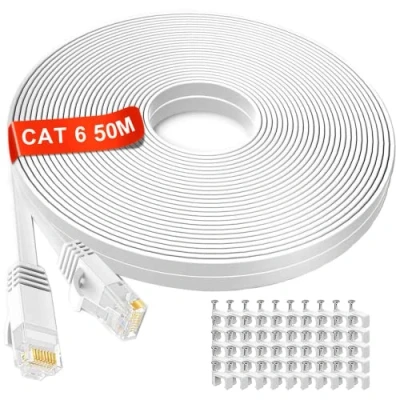 Afbeelding van Ethernet Kabel 50m wit, Cat6 Platte Netwerkkabel Gigabit LAN 50 meter, Hoge snelheid Internetkabel 250Mhz, witte RJ45 Patchkabel voor Router, Switch, Modem, PS5, PS4