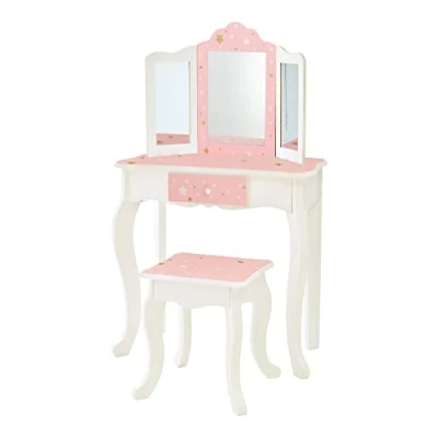 Afbeelding van Teamson Kids Speelgoedkaptafel kaptafel kinderen Roze Houten make uptafel met Stoeltje en Spiegel TD 11670Q