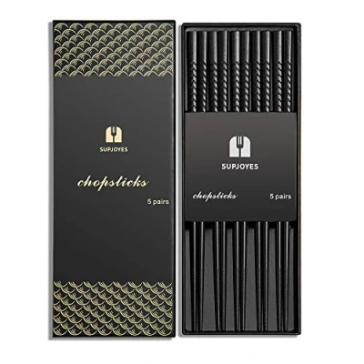 Afbeelding van SUPJOYES 5 paar glasvezel eetstokjes herbruikbare vaatwasmachinebestendig, Japanse Chinese chop sticks met golfpatroon, 9 1/2 inch