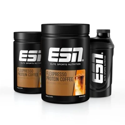 Afbeelding van ESN Flexpresso Proteïne Koffie, Caramel Flavor, 2 x 908 g met Gratis Shaker, 60 Porties Wei Eiwitpoeder Echte Gemaakt in Duitsland, Laboratorium Getest