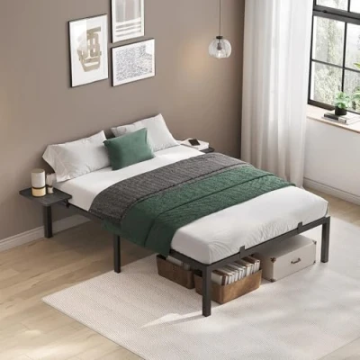 Afbeelding van VASAGLE Bed 140 x 200 cm, logeerbed met opbergplanken, tweepersoonsbed, metalen bedframe, bed, eenvoudige montage, klassiek zwart RMB094B01