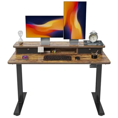 Afbeelding van FEZIBO In hoogte verstelbaar elektrisch sta bureau met dubbele lade, 120 x 60 cm tafel opbergplank, zit gesplitst werkblad, zwart frame/rustiek bruin blad
