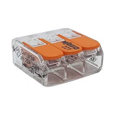 Afbeelding van 100 stuks WAGO 413 verbindingsklemmen 3 geleiders met bedieningshendel 0,2 4 mm² kleine bouwvorm, transparant