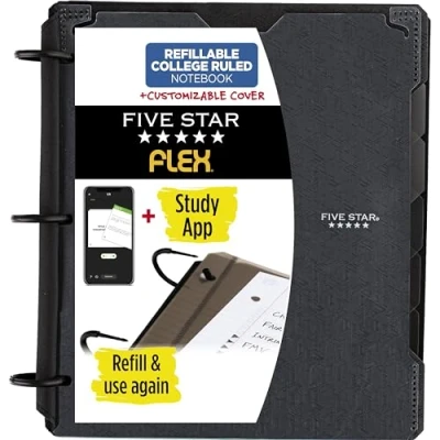 Afbeelding van Five Star Flex navulbaar notitieboek + studie app, college gelinieerd papier, 1 inch TechLock ringen, zakken, tabbladen en verdelers, 200 vel capaciteit, aanpasbare hoes, zwart (29326AA2)