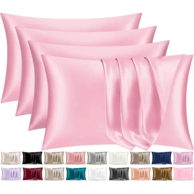 Afbeelding van Pamposh Satijnen zijden kussenslopen voor haar en huid, set van 4 standaardformaat met envelopsluiting (4 (50 x 75 cm), roze)