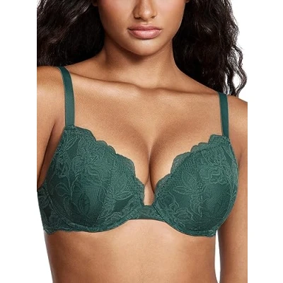 Afbeelding van DOBREVA Vrouwen Push Up BH Met Kant Gevoerde Plunge Beugel Volledige Cup Buste Voorgevormde Cups Midnight Emerald 75A