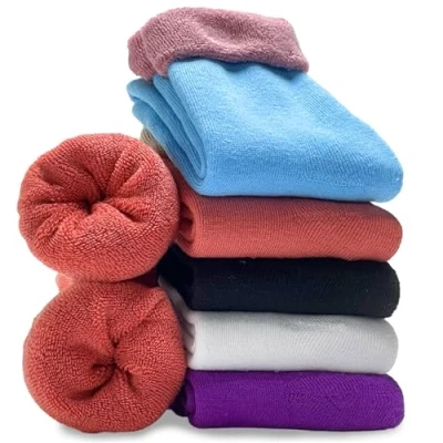 Afbeelding van VoJoPi 5 paar thermosokken voor dames, knuffelsokken, warme dikke wol, wintersokken, gezellig en ademend, kleurrijke huissokken, gebreide sokken, geschenksokken blauw/roze/groen/beige,