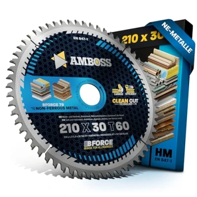Afbeelding van HM cirkelzaagblad 210x30 Z60 trapeziumplatte tand voor aluminium. AMBOSS WERKZEUGE® zaagblad 210 mm comp. Powerplus POWX0550 Scheppach PL75 HS80. Festool. Einhell. Dewalt en nog veel