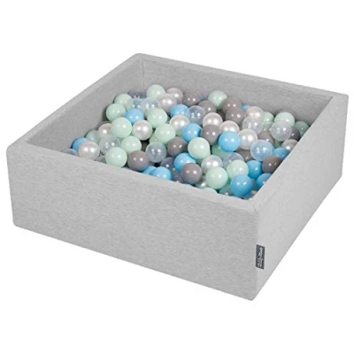 Afbeelding van KiddyMoon ballenbad 90x30cm/200 ballen ∅ 7cm met kleurrijke voor baby&#039;s kinderen vierkant, lichtgrijs:pearl/grijs/transparant/babyblauw/mint