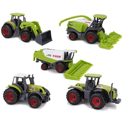 Afbeelding van Toyland® Set van 5 groen gegoten metalen landbouwwerktuigenspeelgoed elk circa 4,5 cm inclusief tractoren, maaidorsers en meer!