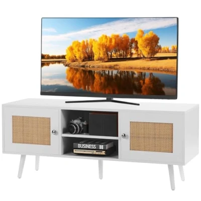 Afbeelding van VEVOR Rotan tv kast, 1200 x 400 490 mm, Boheemse console voor 55 inch tv&#039;s, moderne kast uit het midden van de eeuw, bank met verstelbare planken woonkamer en multimedia kamer, wit