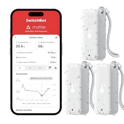 Afbeelding van SwitchBot IP65 Buiten Binnenthermometer Hygrometer 3 Stuks, 120m Bluetooth Bereik, Koelkast Thermometer, Dauwpunt/VPD/Absolute Vochtigheid Sensor, Gratis Data Opslag Export, 2 Jaar Levensduur Batterij