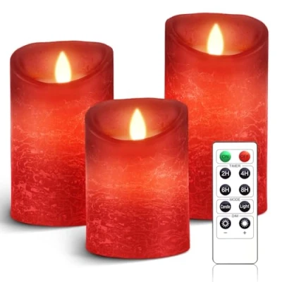 Afbeelding van AnnSpa Set van 3 rode led kaarsen, werkt op batterijen, met afstandsbediening, vlamloze echte was, flikkeren, bewegende wikkeling, amber, geel, licht, pillar ongeparfumeerde was