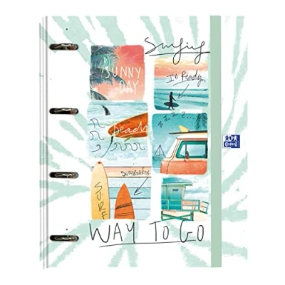 Afbeelding van Oxford, Map met 4 ringen, A4+, deksel elastiek, inclusief reserve geruit, 5 x 5, kleurstrepen, design: Surf