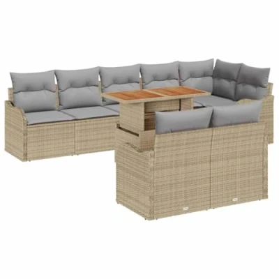 Afbeelding van vidaXL 9 Delige Tuin Sofa Set met Kussens Beige Poly Rattan Acacia, 2 Zits