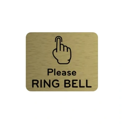 Afbeelding van Gelieve Ring Bell Sign zelfklevende sticker of deur kennisgeving, zilver/goud/zwart gegraveerd met universeel pictogram symbool en tekst (maat 12cm x 10cm) (goud) UK gebaseerd.