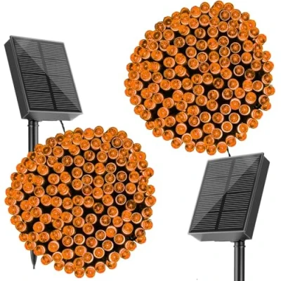 Afbeelding van SOLARBABY Lichtsnoer op zonne energie, voor buiten, 20 m, 200 leds, 2 stuks, IP65 waterdicht, tuin, terras, balkon, bruiloft (oranje)