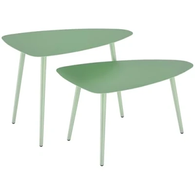 Afbeelding van Outsunny Set van 2 salontafels, tuintafels, driehoekige uittrekbare bijzettafels, stalen frame, met verstelbare glijders, voor balkon, terras, tuin, lichtgroen