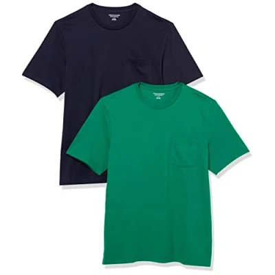 Afbeelding van Amazon Essentials Heren Regular Fit T shirt met korte mouwen en ronde hals, 2 stuks, marineblauw/groen, S