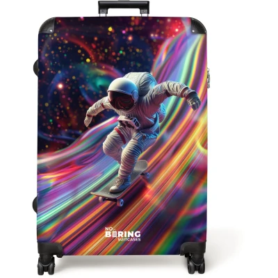 Afbeelding van NoBoringSuitcases.com® Koffer groot Reiskoffer lichtgewicht Astronaut Skateboard Ruimte Rolkoffer met 4 wielen Grote trolley XL 98 liter bagage