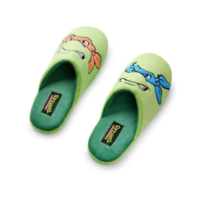 Afbeelding van Teenage Mutant Ninja Turtles Herenpantoffels TMNT Leonardo &amp; Mikey Character Face Slip On Muiltjes in groen met rubberen zool Geanimeerde Warrior Cartoon