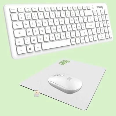 Afbeelding van NEWWAY RF01 draadloos toetsenbord met mat Frans (AZERTY) 97 toetsen 13 multimedia sneltoetsen wifi muis 2,4 GHz 4 compacte USB ontvanger wit