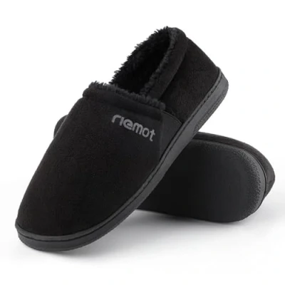 Afbeelding van riemot Mocassin pantoffels voor heren, warm suède, traagschuim, pantoffels, diabetici, schoenen, winter, sherpa voering, huisschoenen met anti slip rubberen zool, maat 42 47, zwart, 43 EU