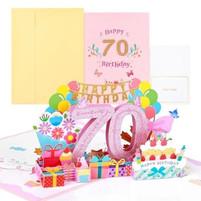 Afbeelding van Joyoldelf 70 jarige verjaardagskaart, pop up wenskaarten, 3D kaart, verjaardagskaarten met envelop voor vrouwen, moeders, meisjes, vrienden, romantische cadeaukaart