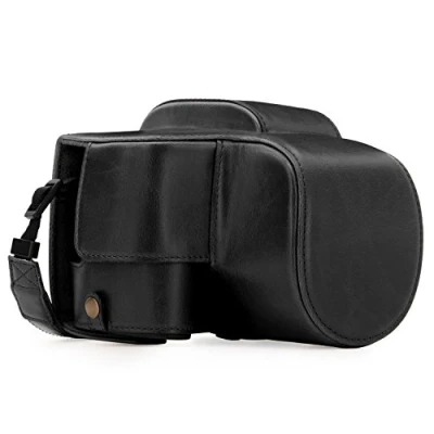 Afbeelding van MegaGear Panasonic Lumix DC FZ80, FZ82 Ever Ready lederen camera case met draagriem en batterijtoegang zwart MG1223