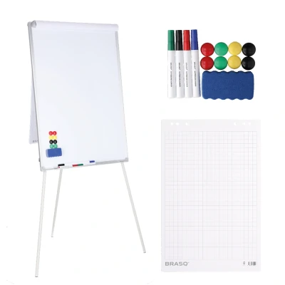 Afbeelding van BRASQ Flipover 70x100cm Verstelbaar Whiteboard Inclusief 25 vellen papier, 4 Stiften, 8 Magneten, Wisser Magnetisch bord met Haken Magneetbord Aluminium