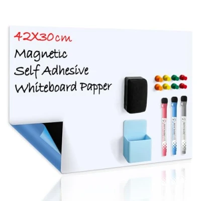 Afbeelding van CUHIOY Whiteboardfolie, magnetisch, zelfklevend, A3 voor elk glad oppervlak, met nieuwe vuilafstotende technologie, boodschappenlijstje, koelkast, notitiebord kantoor, inclusief 3 whiteboardstiften