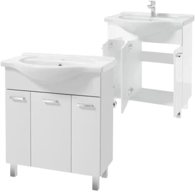 Afbeelding van Deftrans Domodomo Badkamerkast met wastafel, 82 x 75 33 cm, witte wastafelkast, keramische wastafelset, staande kast voor badkamer