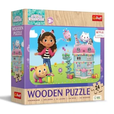 Afbeelding van Trefl Houten puzzels: Gabby&#039;s Dollhouse, Vrolijke Gabby en Vriendinnen 24 stukjes, Wooden Puzzle puzzel, Afgeronde randen, Decoratief patroon op de achterkant, voor kinderen vanaf 3 jaar